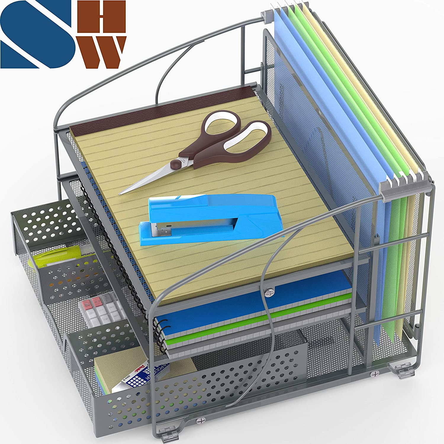 SimpleHouseware Desk Organizer 3 Tray w/Sliding Drawer and Hanging File Holder, Silver SimpleHouseware Desk Organizer 3 Tray w/Sliding Drawer and Hanging File Holder, Silver